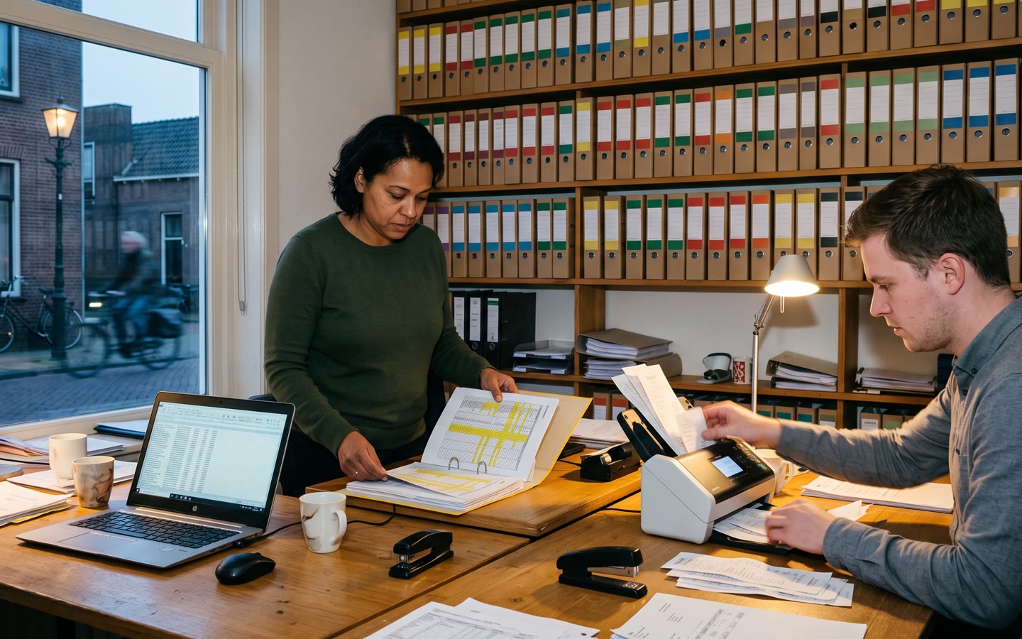 Een klein accountantskantoor aan het eind van de dag: de partner met een cliëntmap en een gemarkeerde spreadsheet, een wand vol ordners.
