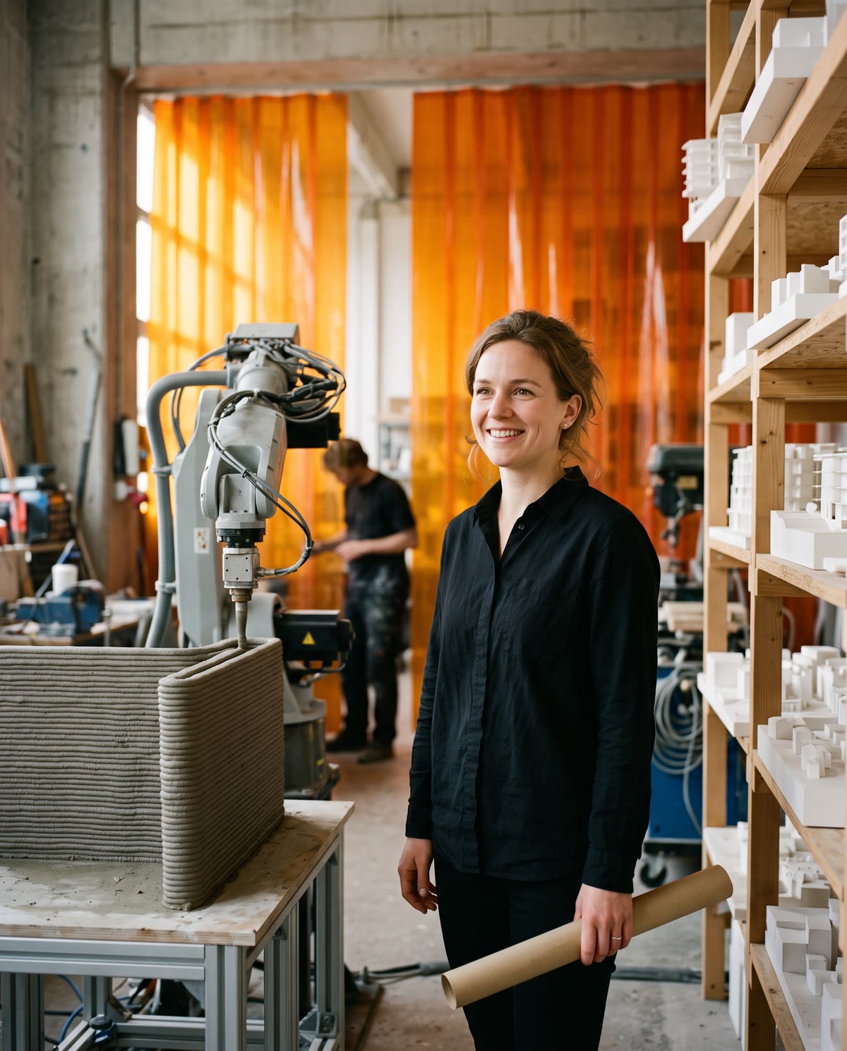 Een jonge partner van een architectenbureau naast de robotarm die een gevelpaneel print, oranje gordijnen achter haar.