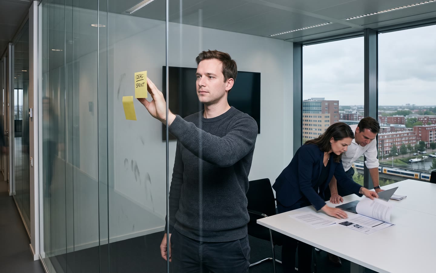 Een glazen wand op een hoge verdieping van een bank met één post-it erop; erachter een lege boardroom en de skyline.