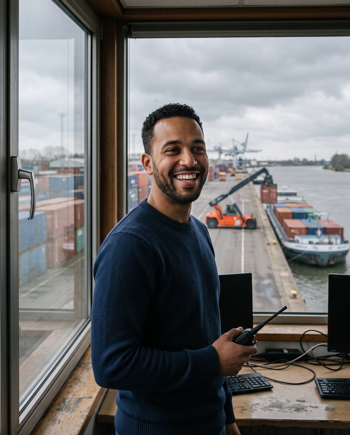 De planner van een containerterminal voor het raam van de controlekamer, een portofoon losjes in zijn hand, de stacks en een binnenvaartschip achter hem.