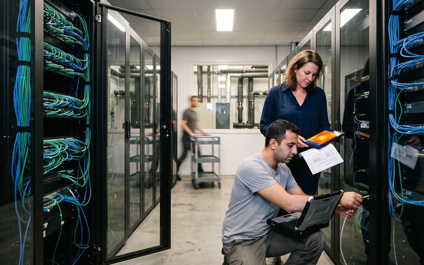 De serverzaal van een hostingbedrijf, een engineer gehurkt met een laptop bij een open rack, de facilitair manager met een tablet.