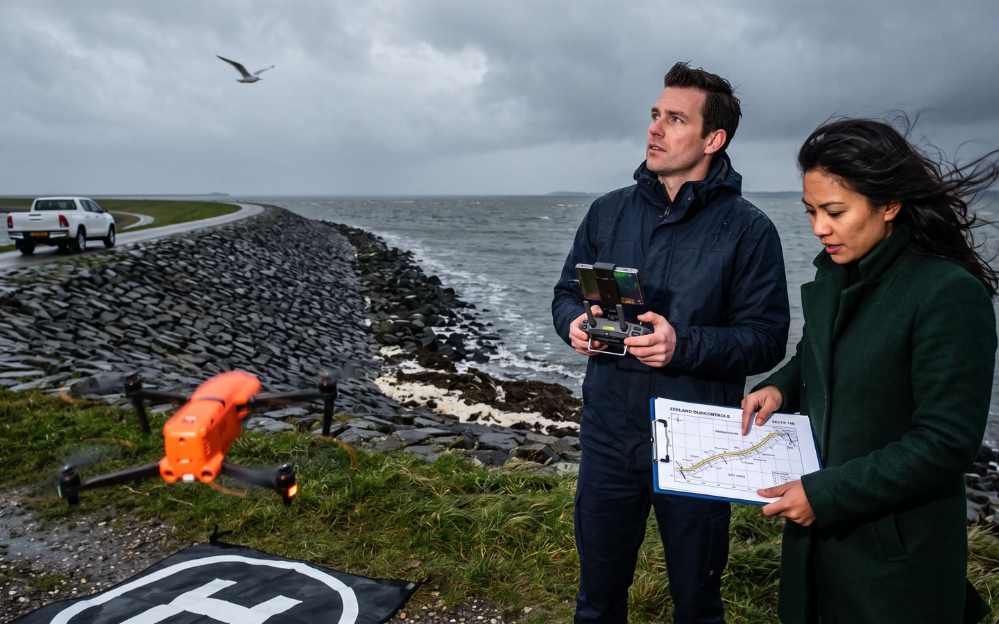 Op een zeedijk na de storm: een drone stijgt op van een landingsmat, de piloot met de controller, een collega met een dijkkaart op een klembord.