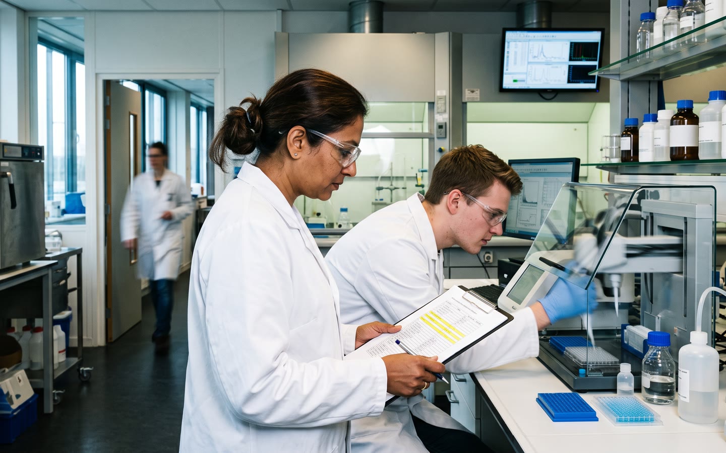 Een farmaceutisch lab in Leiden: een pipetteerrobot achter glas, de onderzoeksleider met een uitgeprinte stoffenlijst, een collega bij het scherm.