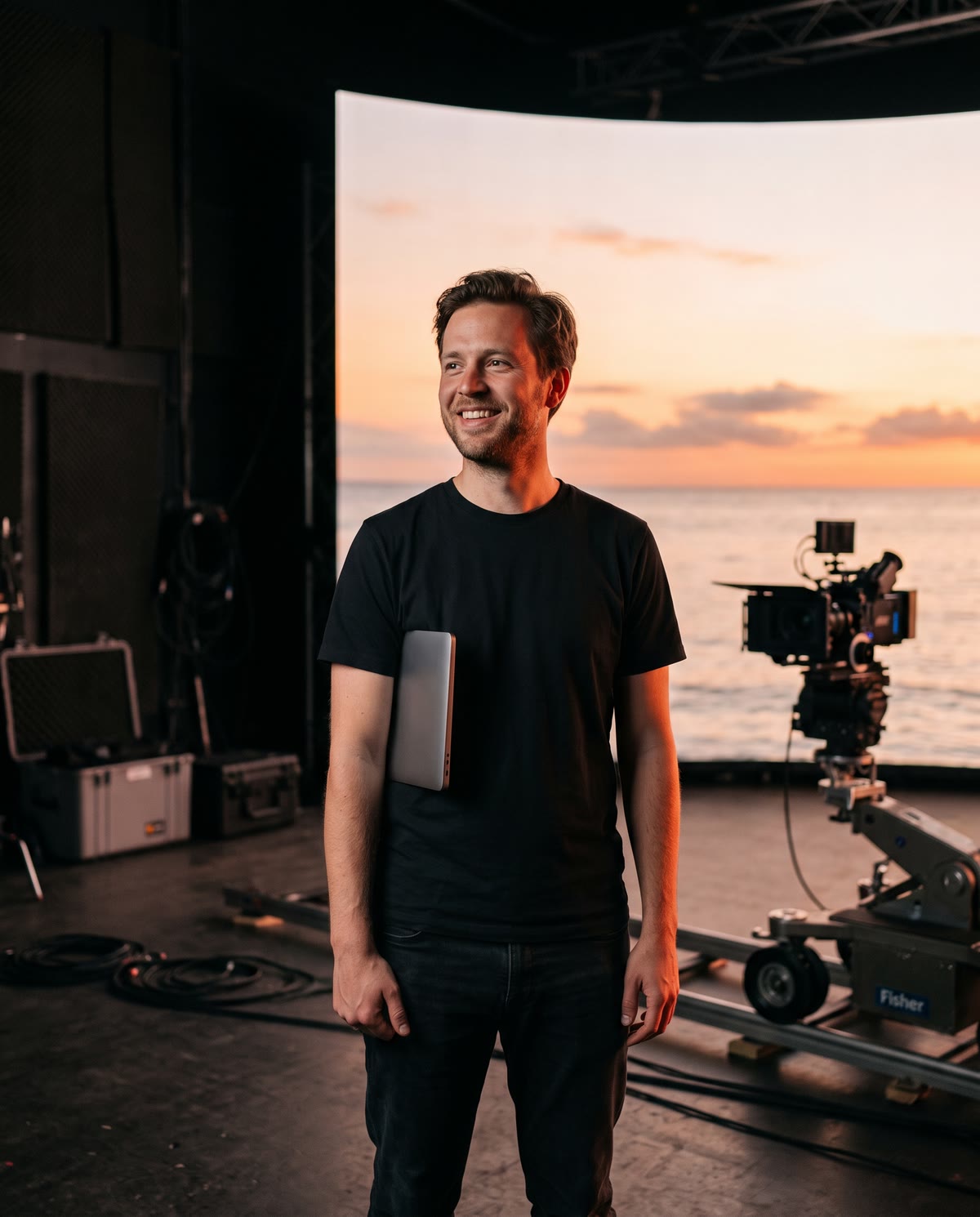 De oprichter van een filmstudio voor de ledwand met een zonsondergang, een laptop onder zijn arm.
