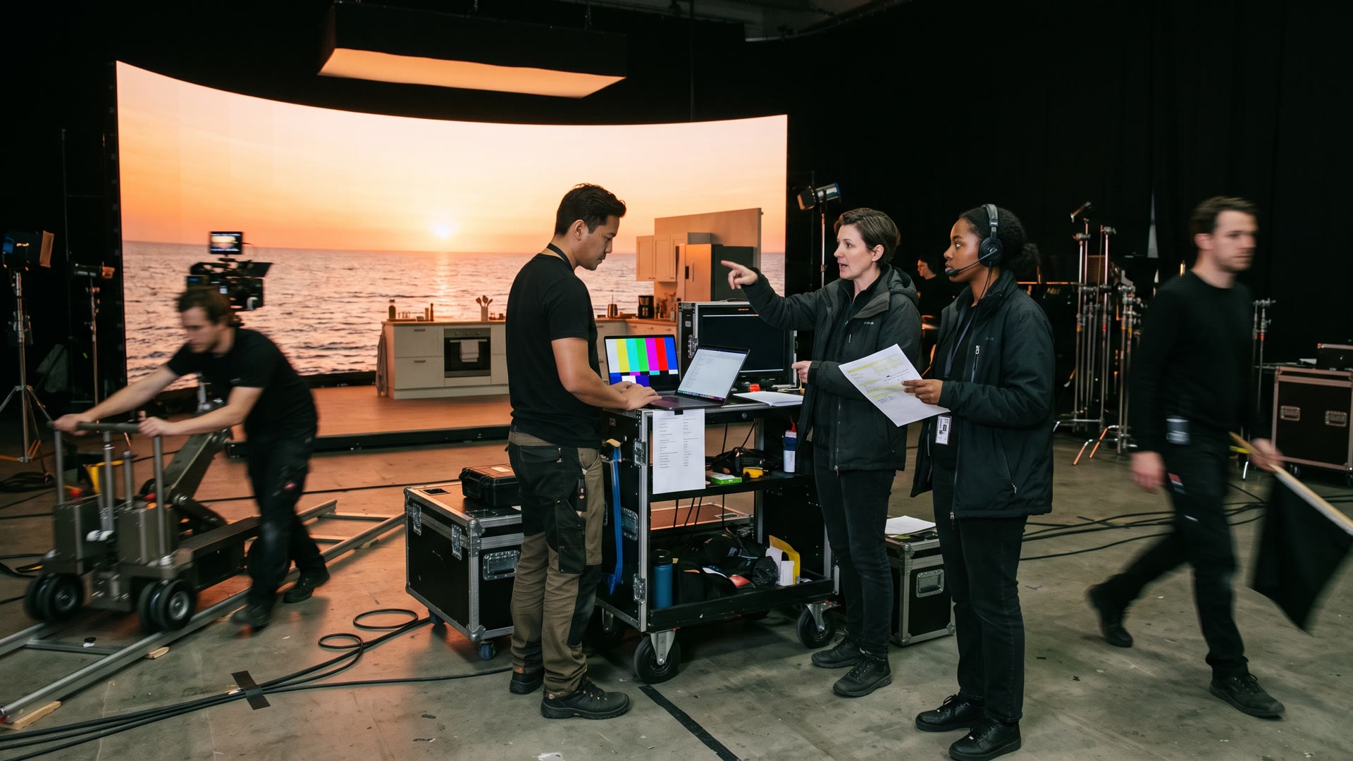 Een filmstudio met een gebogen ledwand vol zonsondergang, een camera op een dolly, de regisseur en de VFX-supervisor bij een monitor.