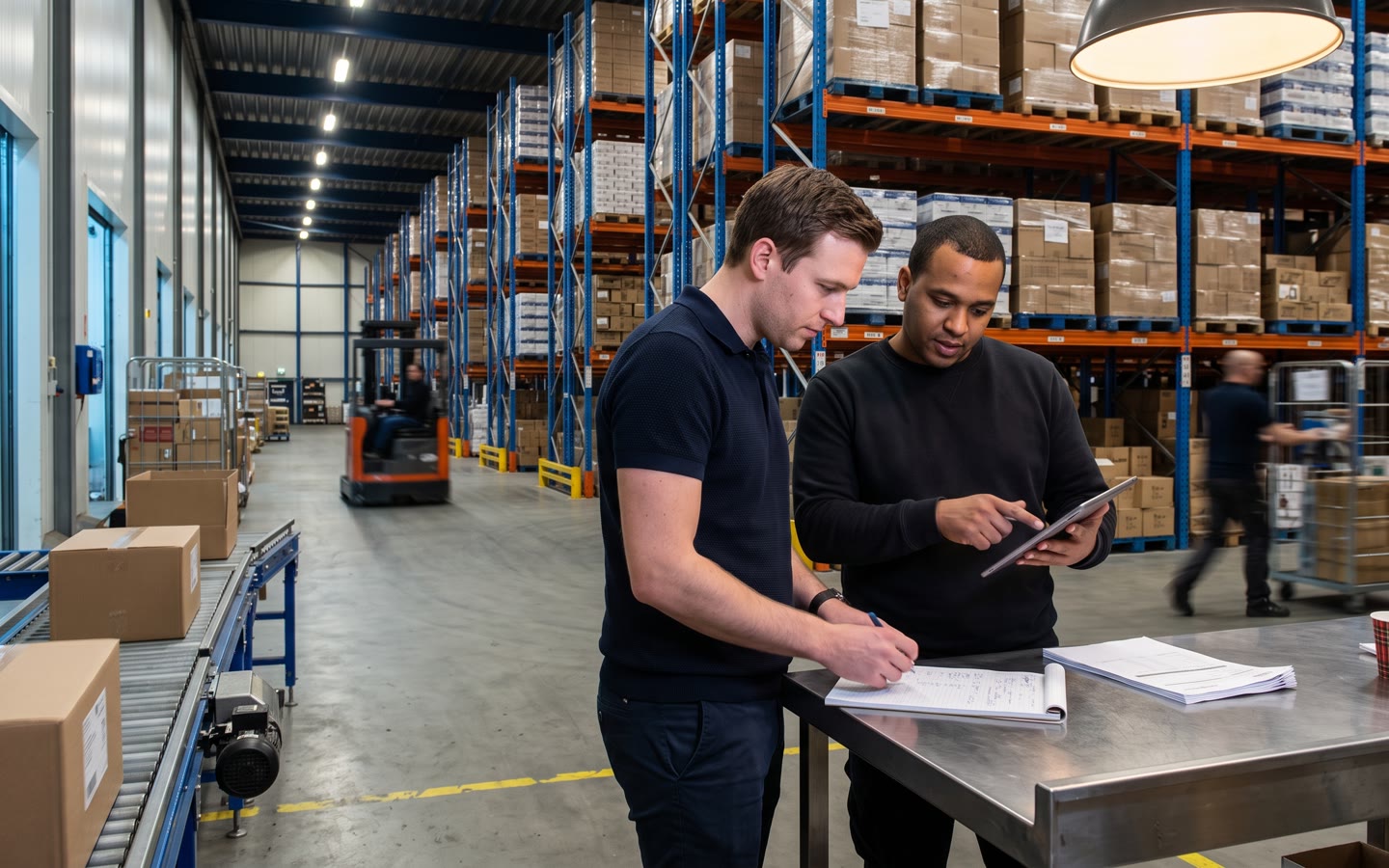 Het distributiecentrum van een horecagroothandel: stellingen tot het plafond, de eigenaar van achteren met een handgeschreven orderbon in zijn hand.