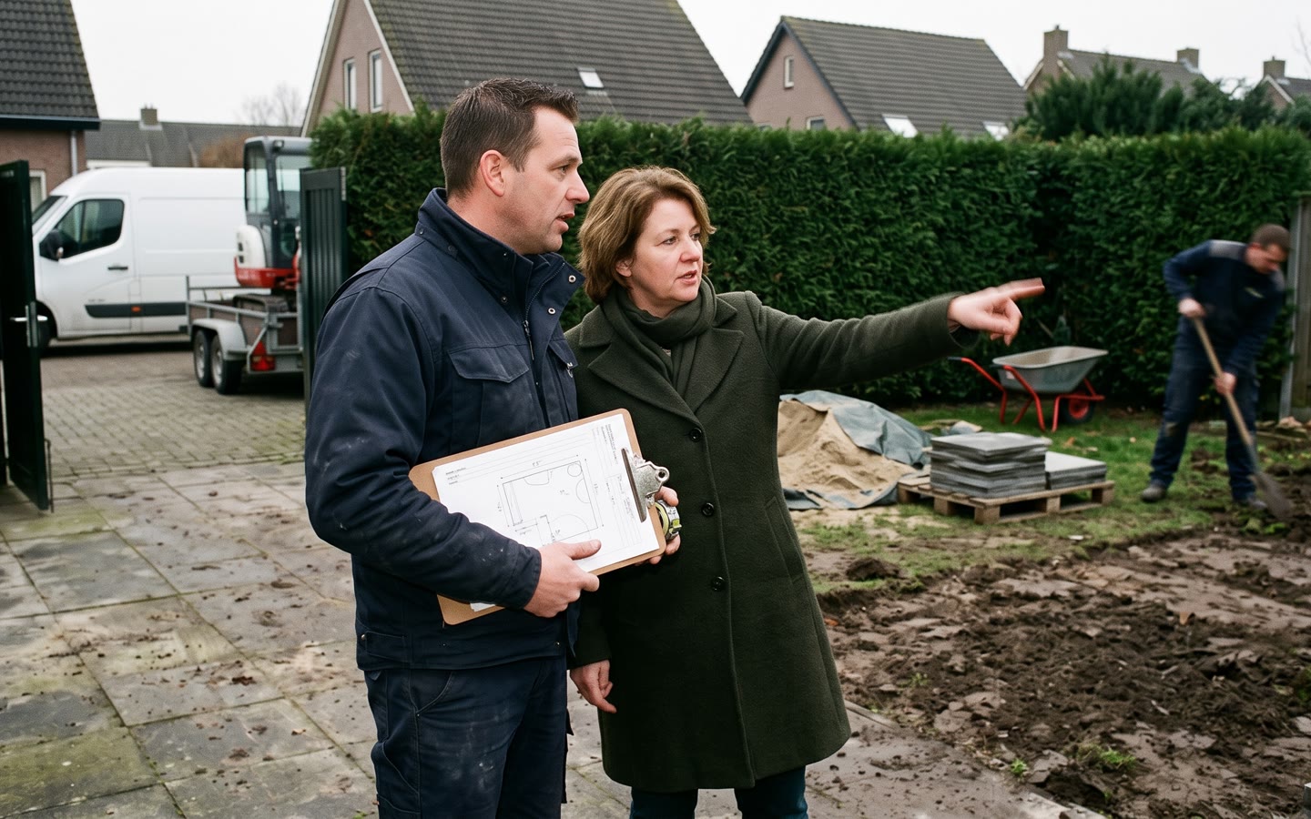 De tuin van een klant, de hovenier met een schets op een klembord, de bewoner wijst naar een hoek, een collega met een schop.