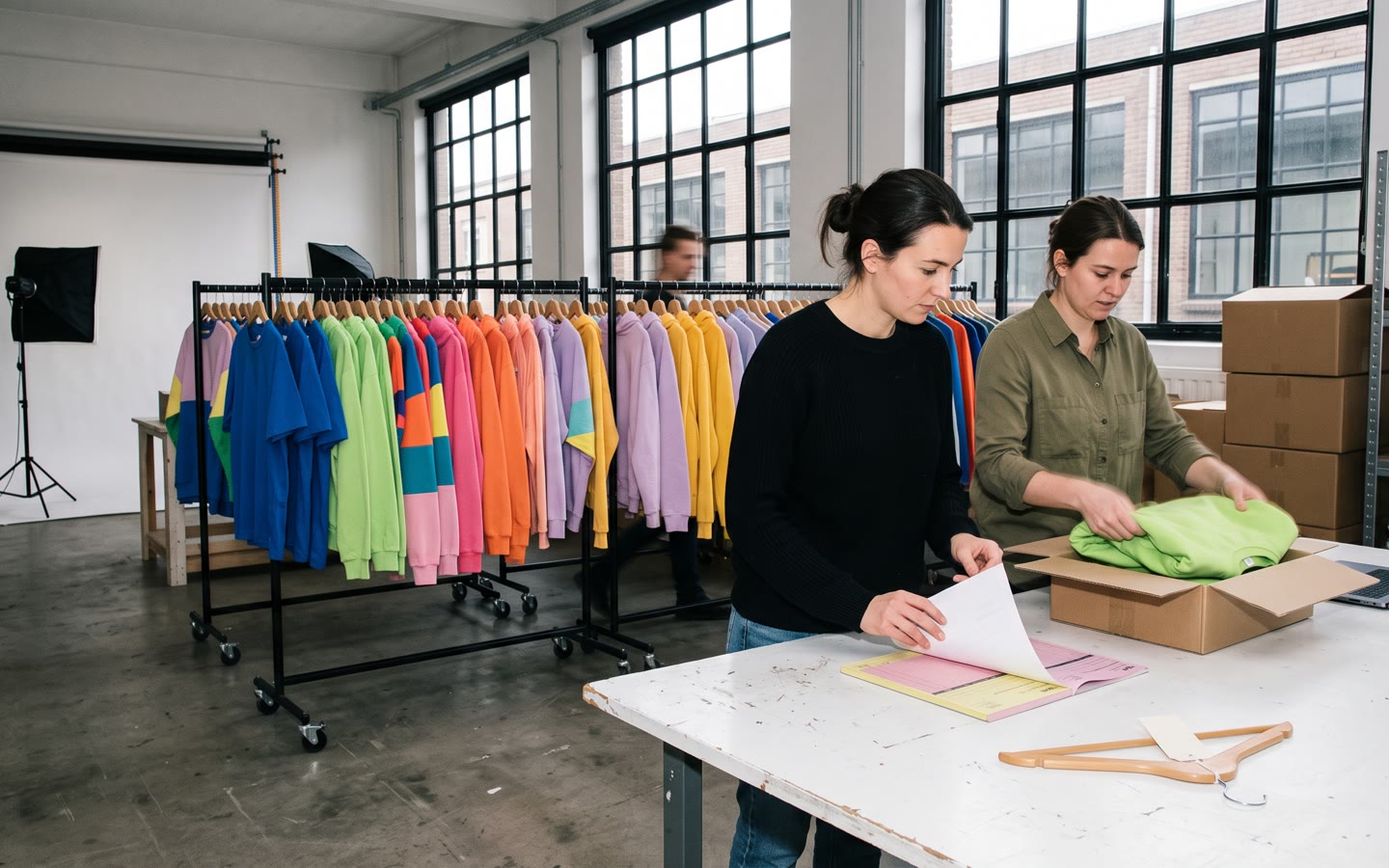 Een beursstand van een modemerk: rekken met de collectie, de oprichter driekwart van achteren, een doorslagformulier op de tafel voor hem.