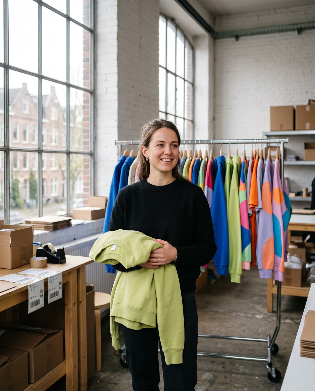 De oprichter van een modemerk in haar atelier, een stapel groene sweaters in haar armen en de rekken met de collectie achter haar.