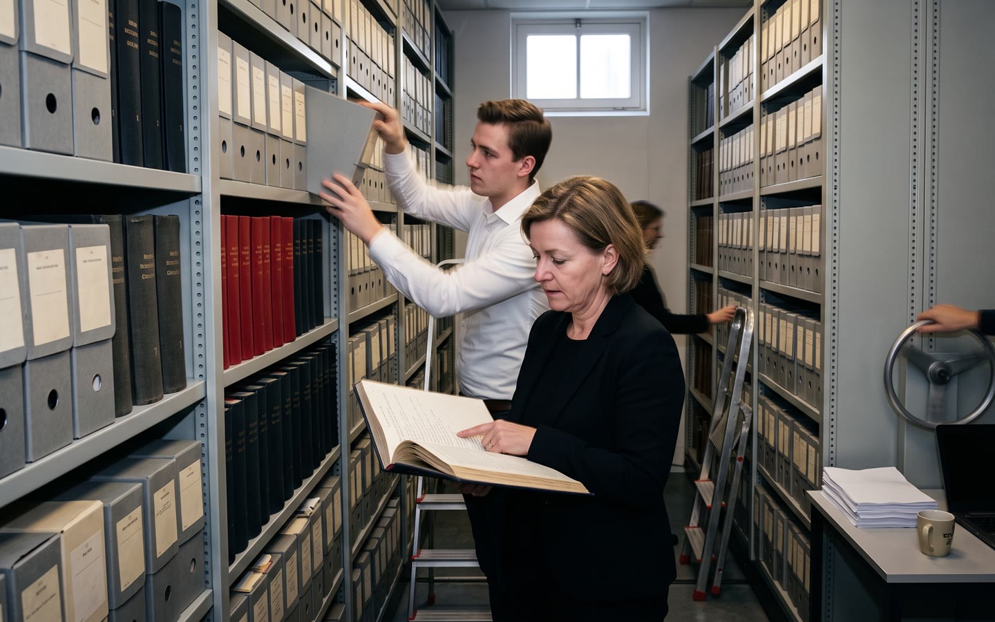 Het archief van een notariskantoor: rolstellingen vol dozen en registers, de notaris met een open register in haar handen.