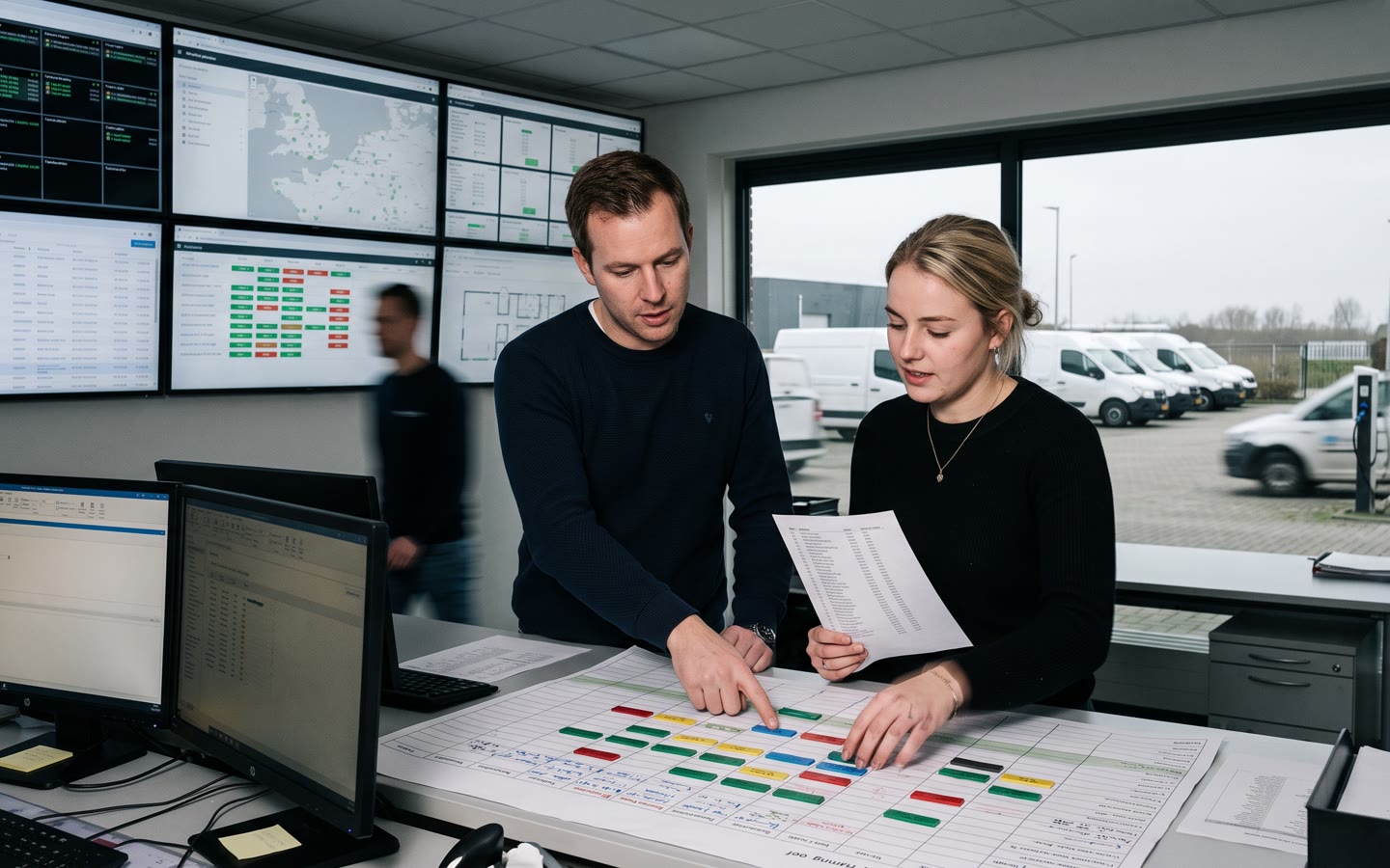 De planningskamer van een servicebedrijf, schermen met kaarten en een magneetbord, busjes buiten.