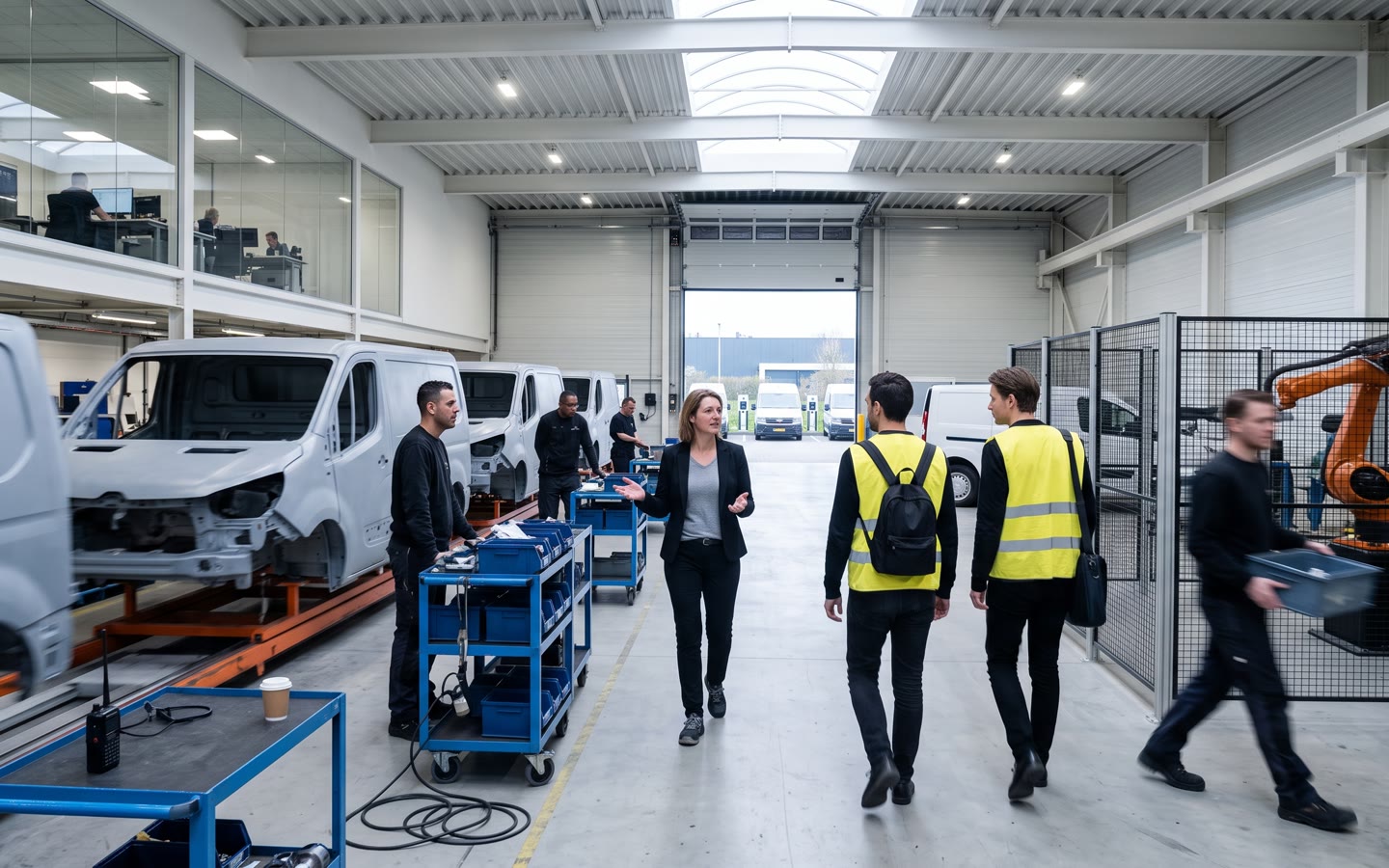 De directeur van een busfabriek loopt met onze bouwer langs de lijn en wijst naar een station; niemand draagt iets.