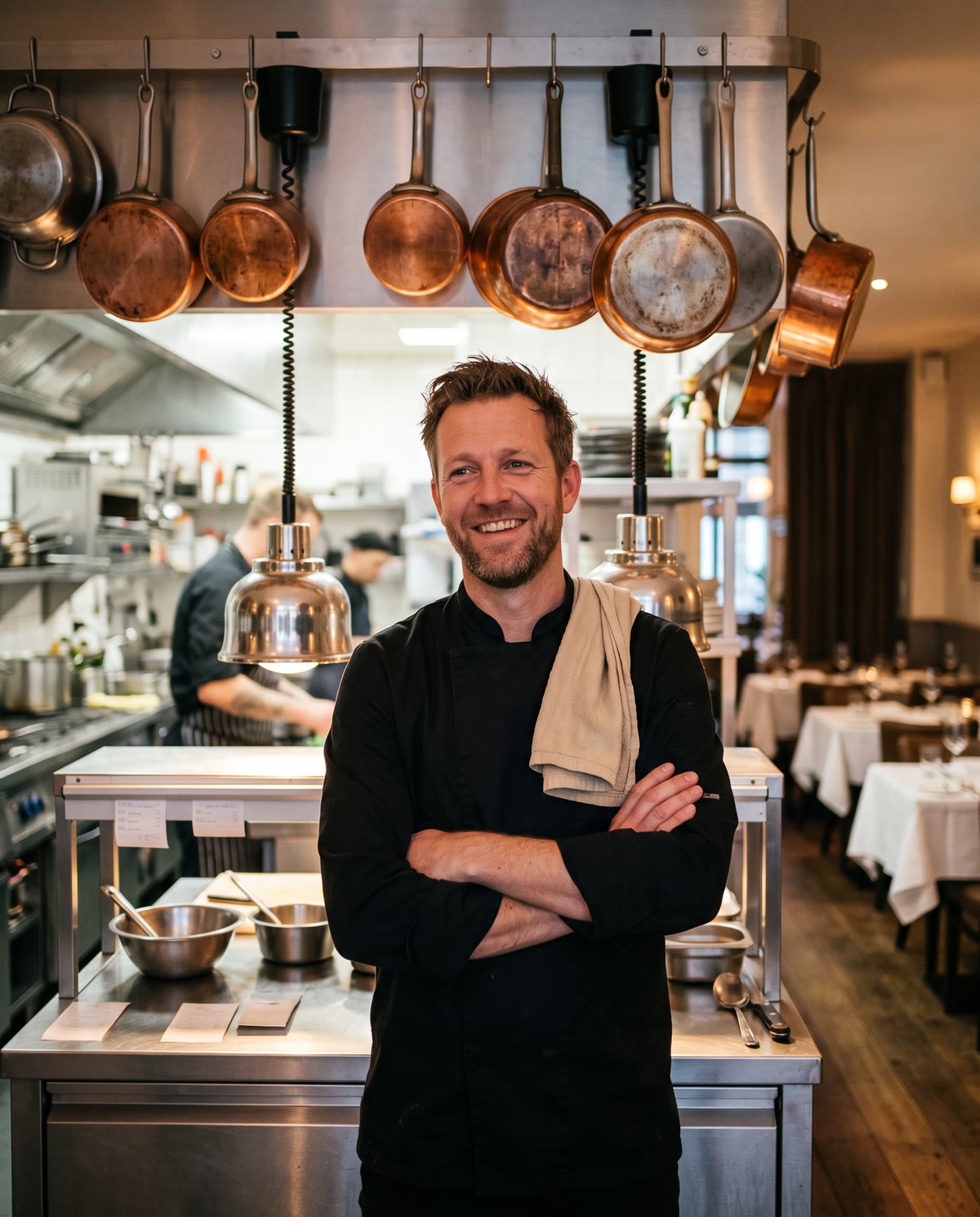 De eigenaar van een restaurantgroep aan de pas, een theedoek over zijn schouder, koperen pannen achter hem.