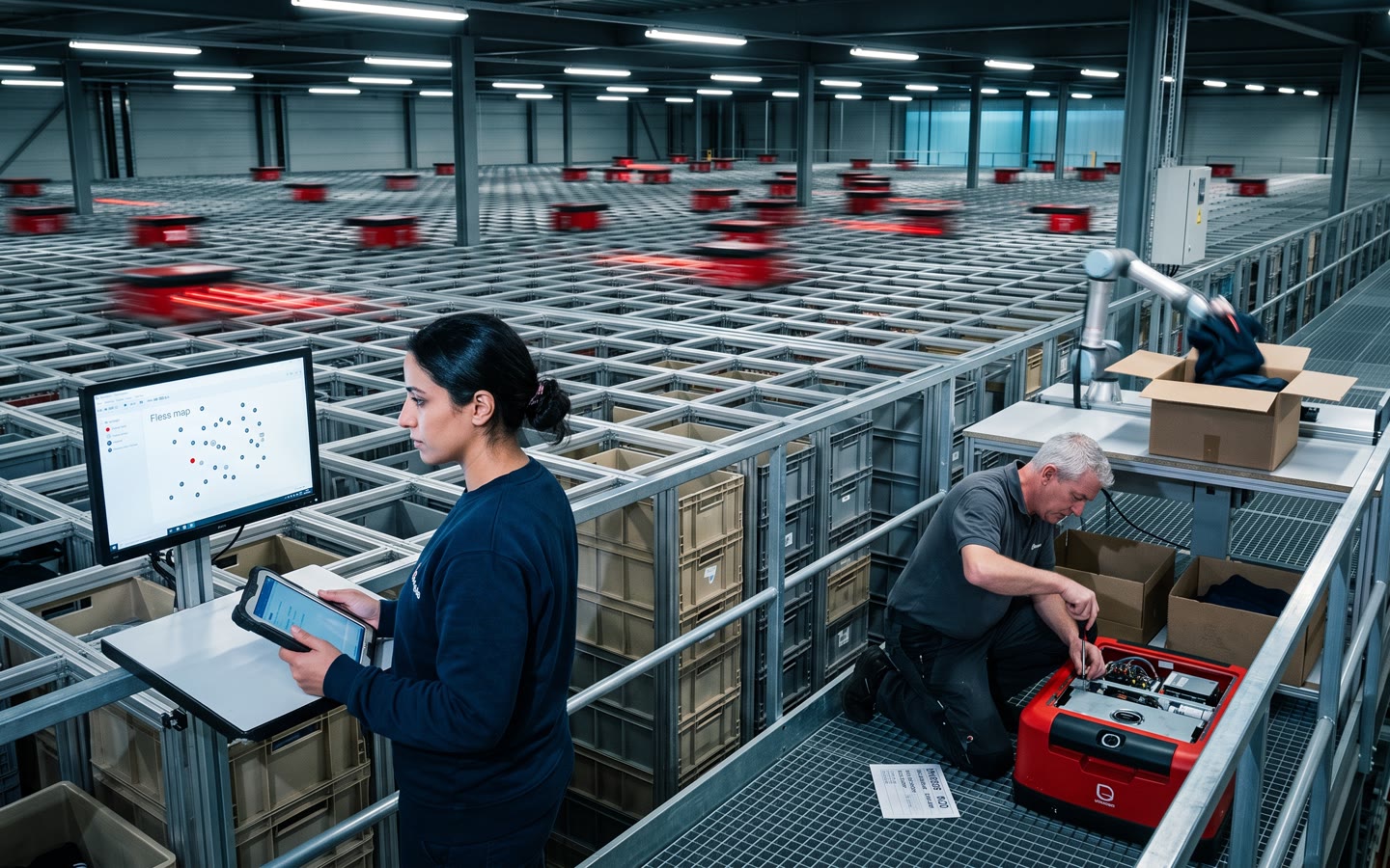 Een rastermagazijn met rode robots op een grid van bakken, de operationeel manager bij een pickstation, een monteur bij een stilgevallen robot.