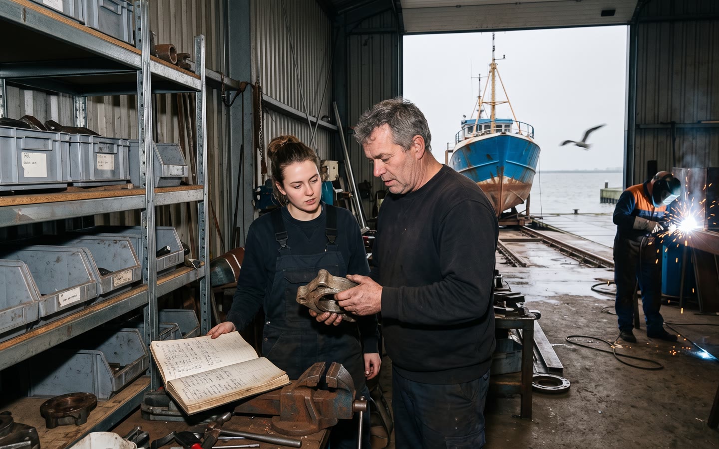 Een scheepswerf aan het IJsselmeer, de werfbaas met een onherkenbaar onderdeel in zijn hand, een kotter op de helling.