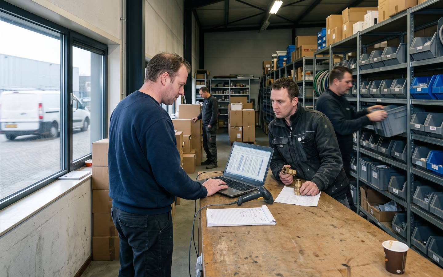 De balie van een technische groothandel: de eigenaar draait de laptop naar een monteur met een fitting en een briefje, bakken tot het plafond.