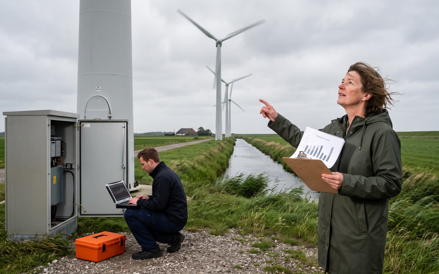 Een windpark in de polder, de bestuurder van de coöperatie met een productieoverzicht, een monteur bij de open trafokast.