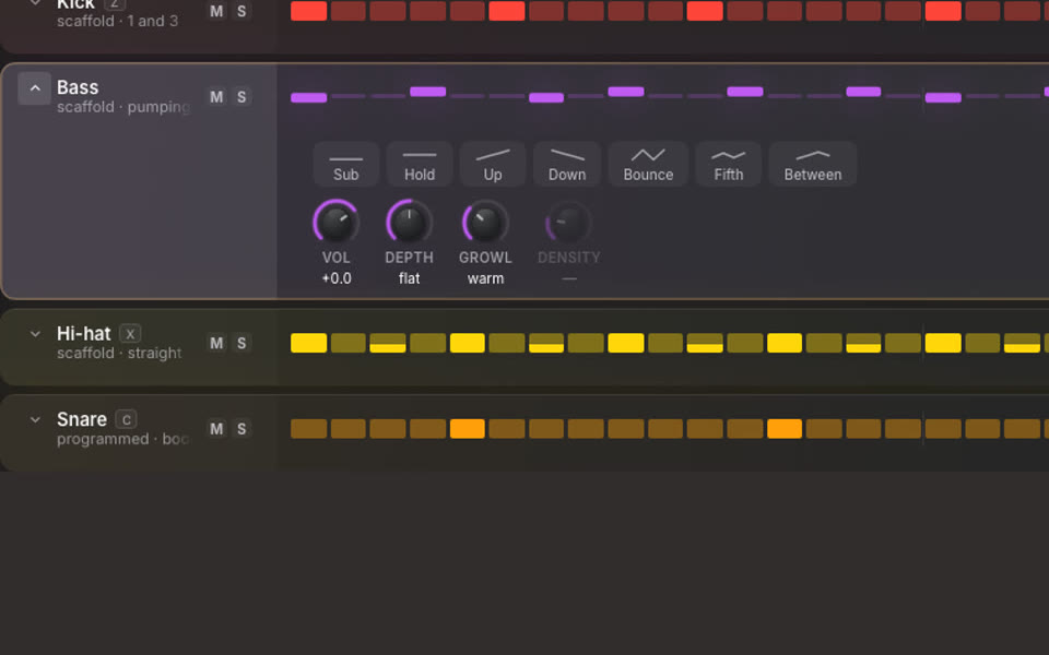 De stem Bas opengeklapt in GROOVE: zeven bewegingschips (Sub, Hold, Up, Down, Bounce, Fifth, Between) en vier draaiknoppen voor volume, diepte, growl en dichtheid, tussen de rijen Kick en Hi-hat.