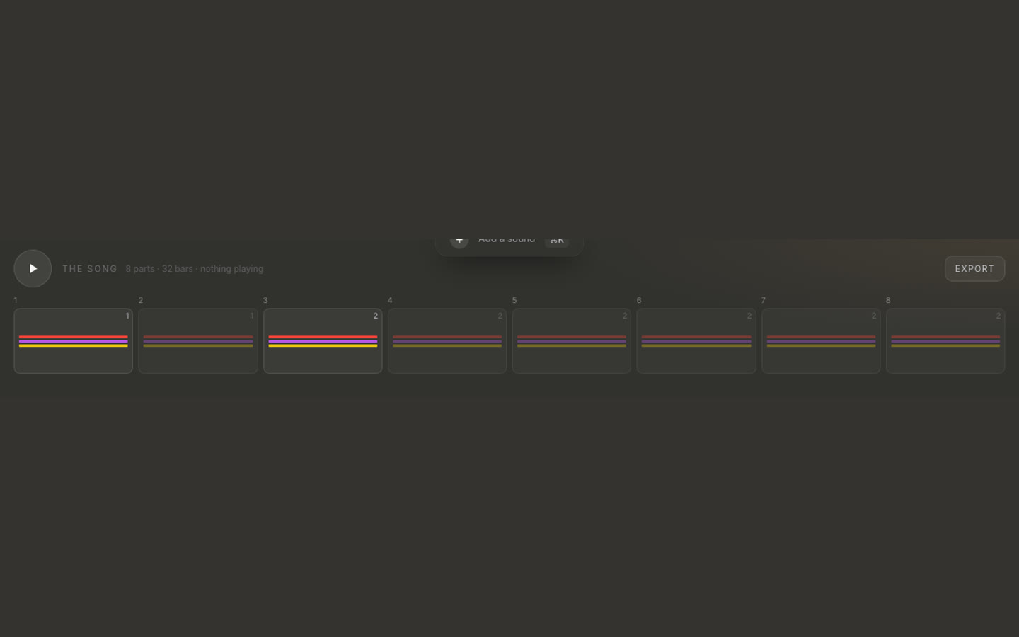 De liedbalk van GROOVE: acht plaatsen naast elkaar, elk vier maten, met per plaats een cijfer dat aangeeft welke loop daar staat.