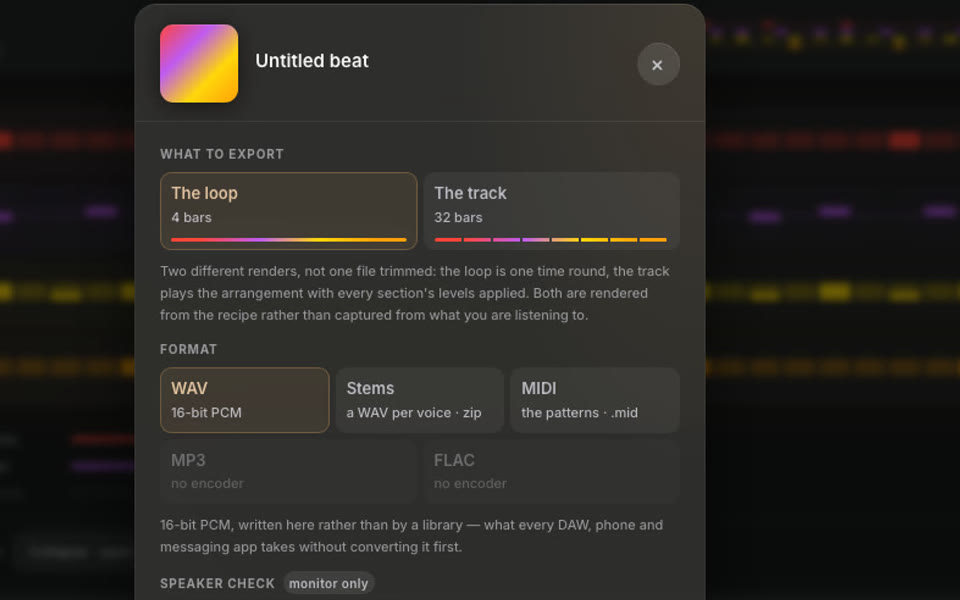 Het exportvenster van GROOVE: de keuze tussen de loop van vier maten en de track van tweeëndertig, en daaronder de formaten WAV, stems en MIDI, met MP3 en FLAC grijs omdat er geen encoder is.