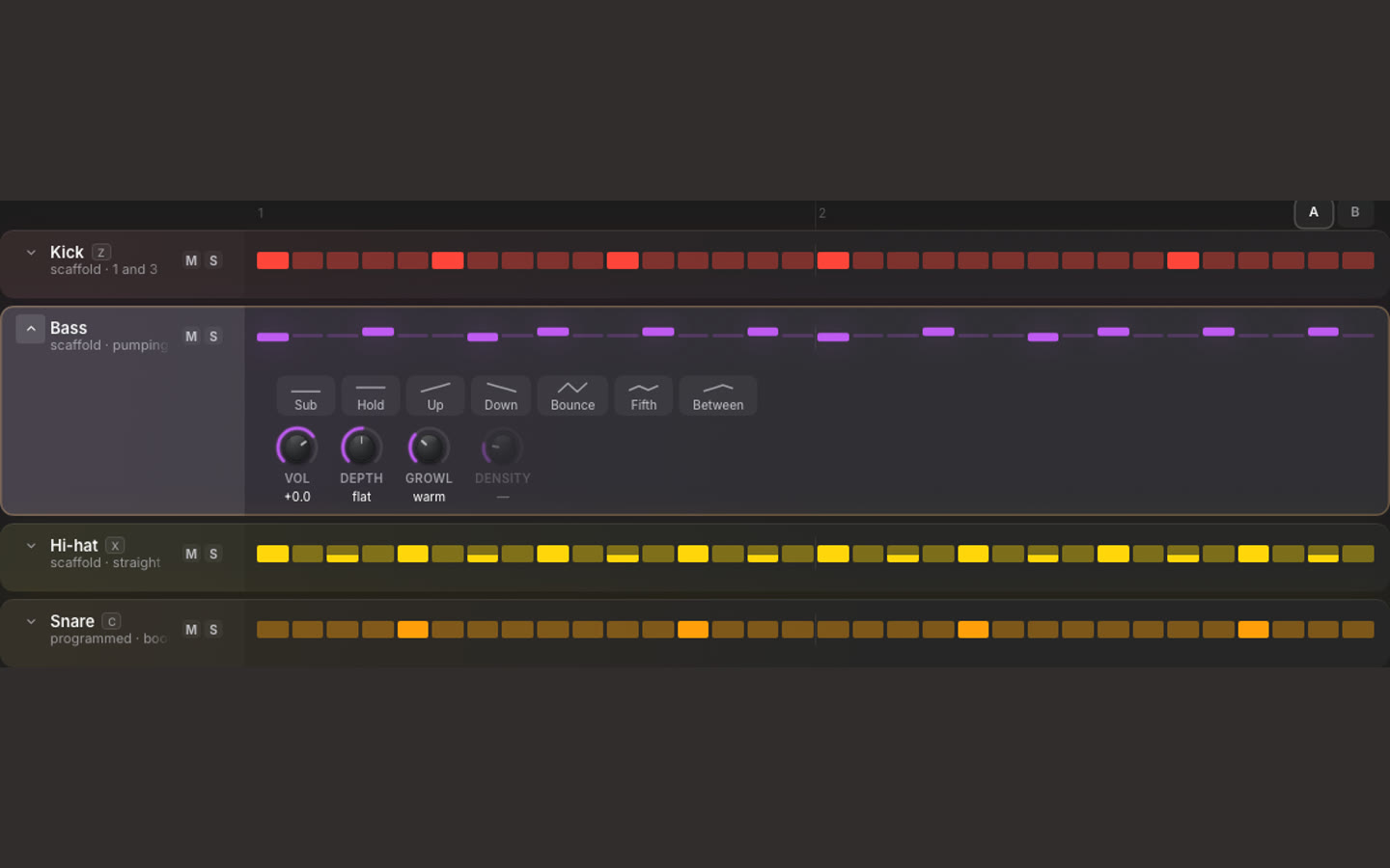 Vier stemmen onder elkaar in GROOVE, met de bas opengeklapt: zeven bewegingschips en vier knoppen voor volume, diepte, growl en dichtheid.