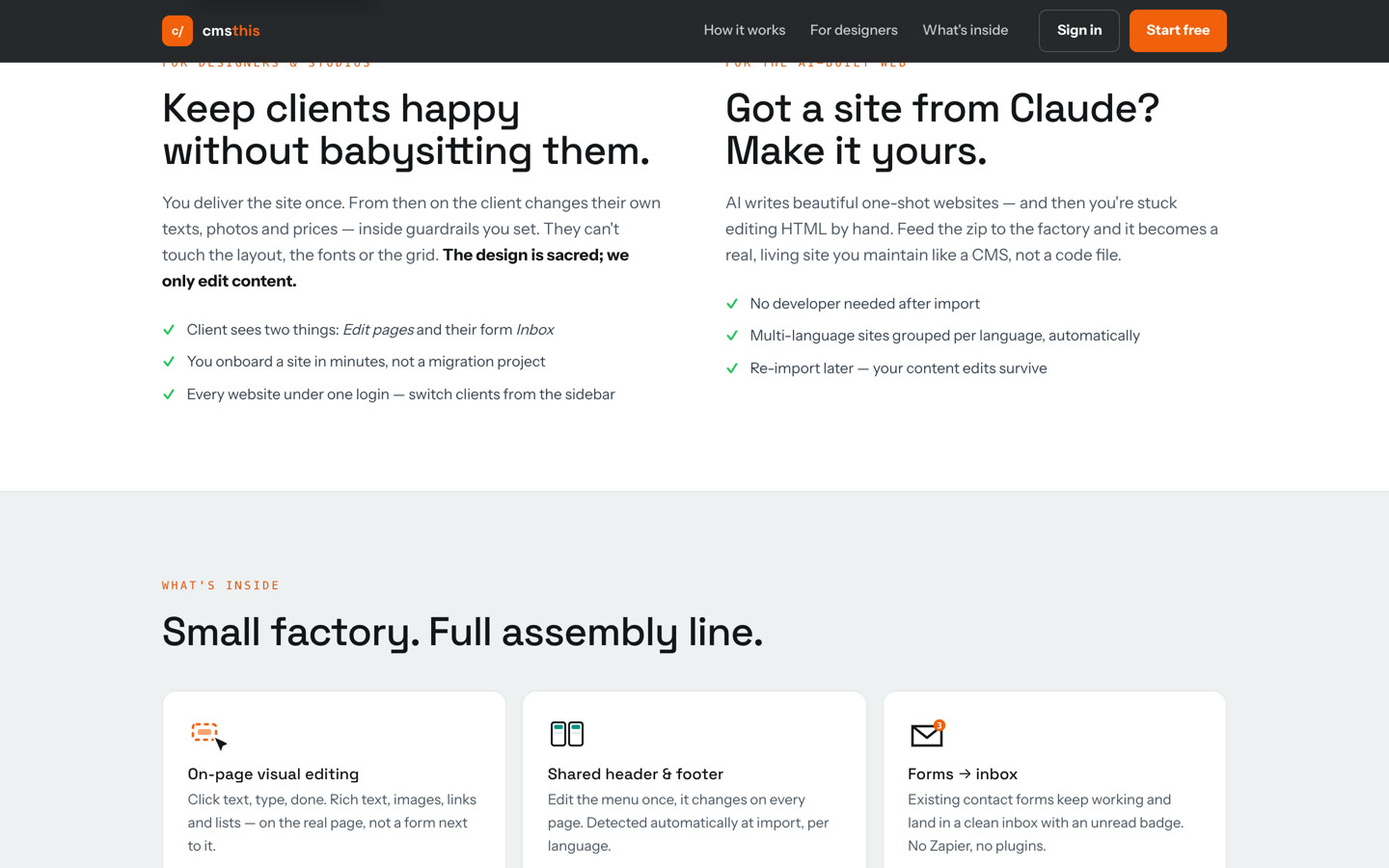 Twee secties op cmsthis.com naast elkaar: Keep clients happy without babysitting them, met de zin The design is sacred; we only edit content, en Got a site from Claude? Make it yours.