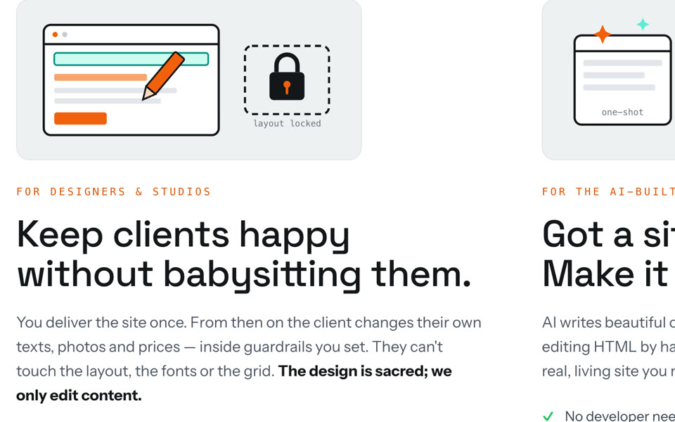 De sectie voor ontwerpers en studio's op cmsthis.com: Keep clients happy without babysitting them, met de zin The design is sacred; we only edit content vetgedrukt.