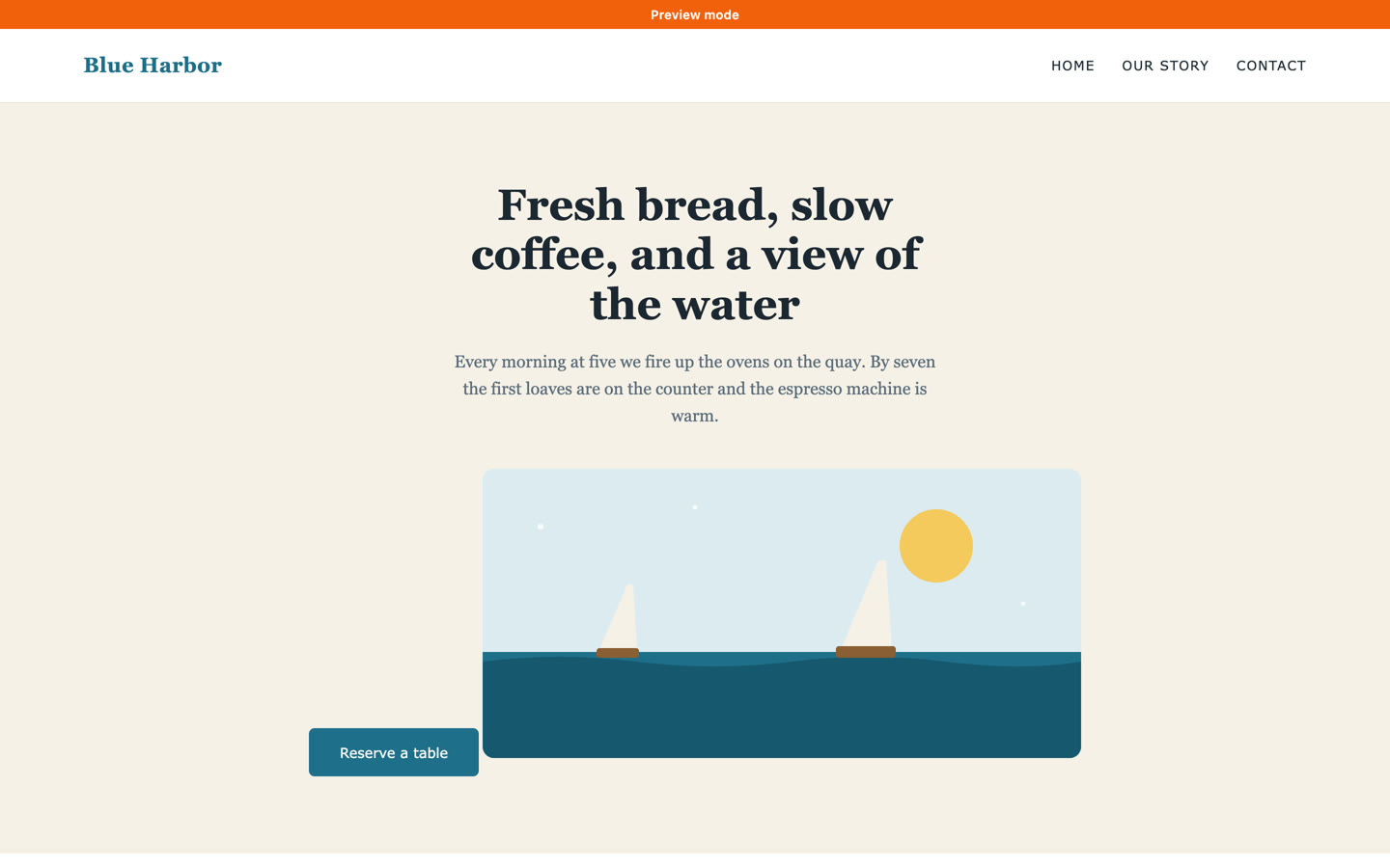 De testsite Blue Harbor zoals hij gepubliceerd wordt: een bakkerij aan het water met de kop “Fresh bread, slow coffee, and a view of the water” en een knop “Reserve a table”.