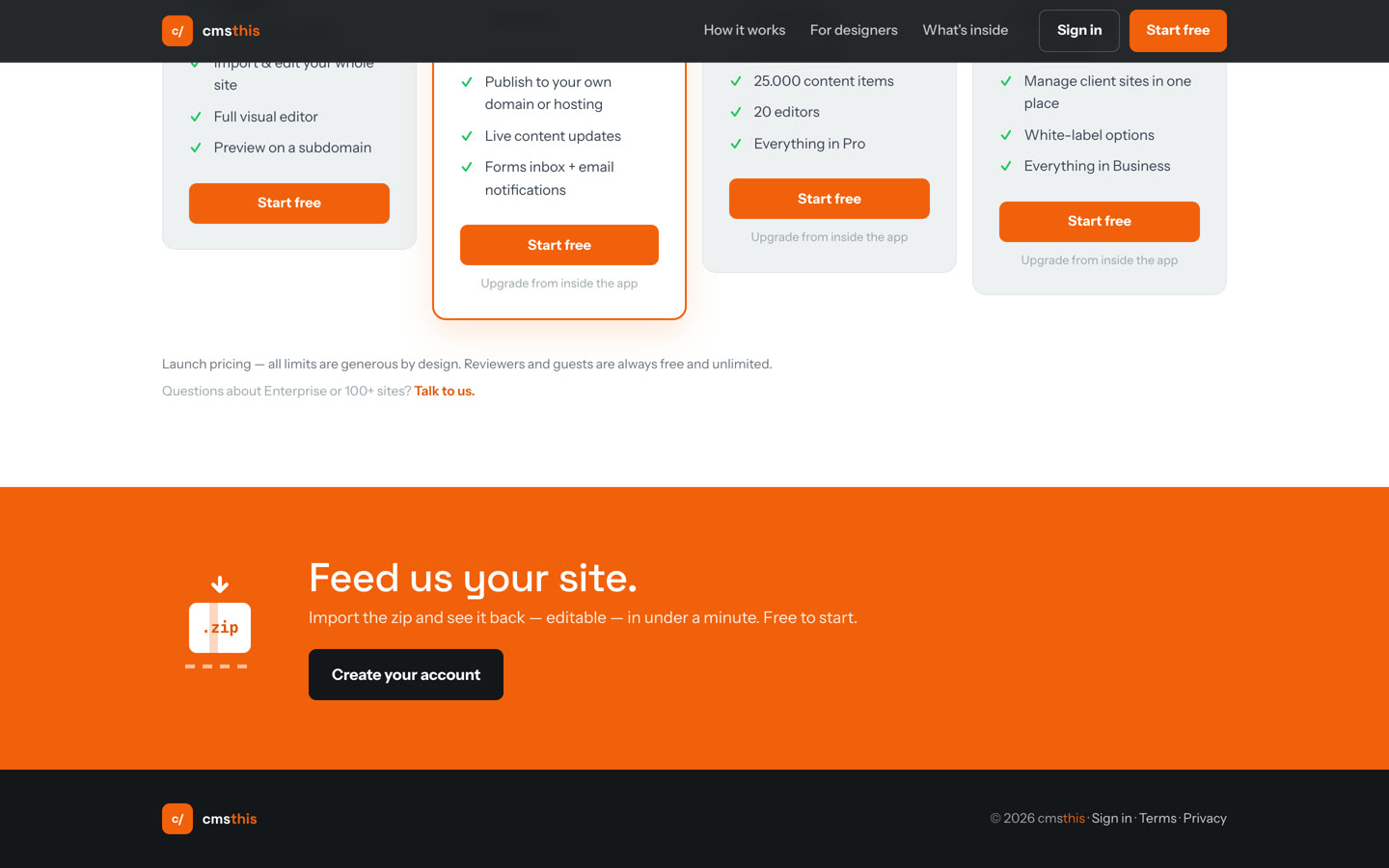 De oranje afsluiting Feed us your site met de knop Create your account, en de voet van cmsthis.com.