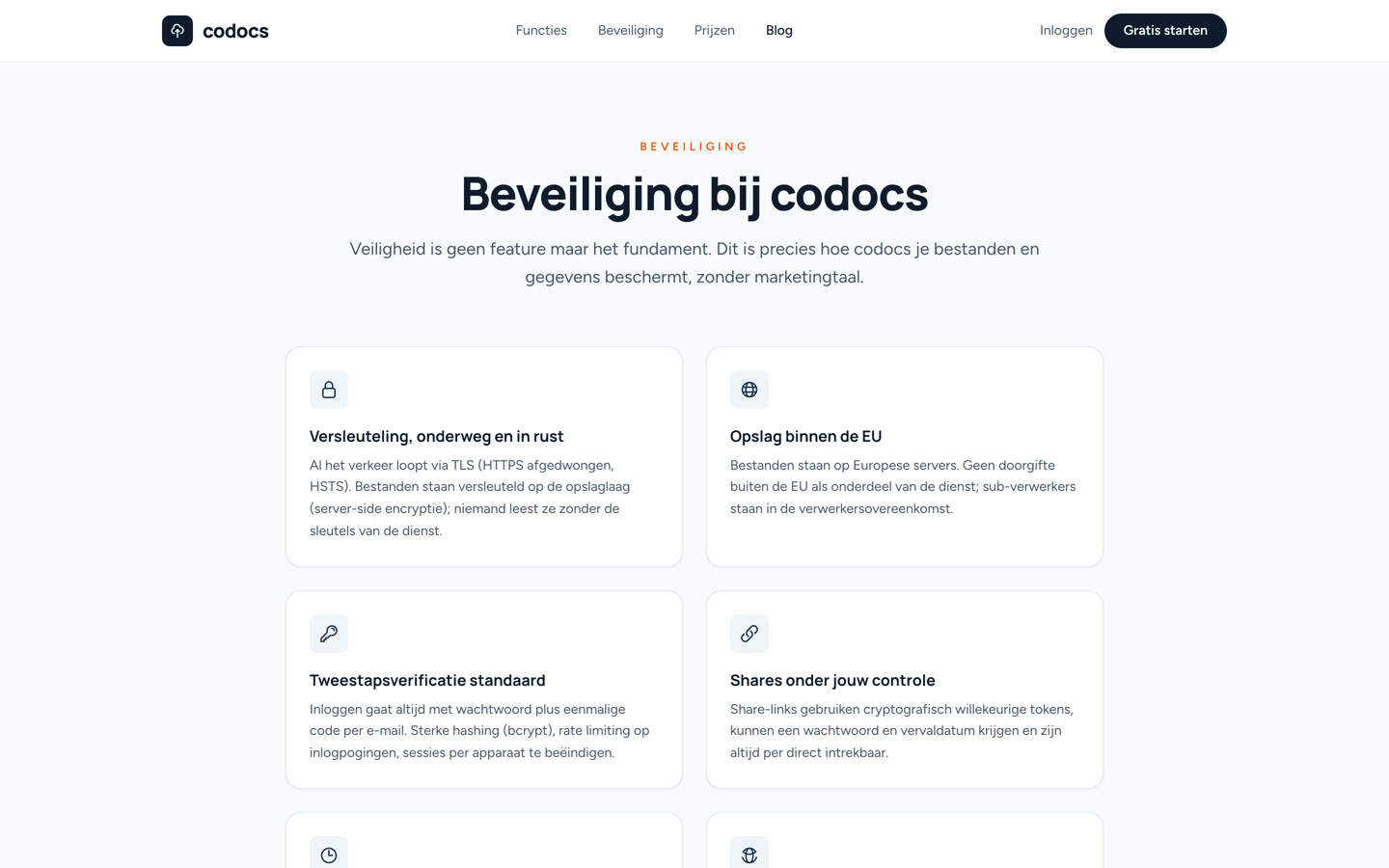 De beveiligingspagina van Codocs met kaarten over versleuteling onderweg en in rust, opslag binnen de EU, tweestapsverificatie en deellinks onder eigen controle.