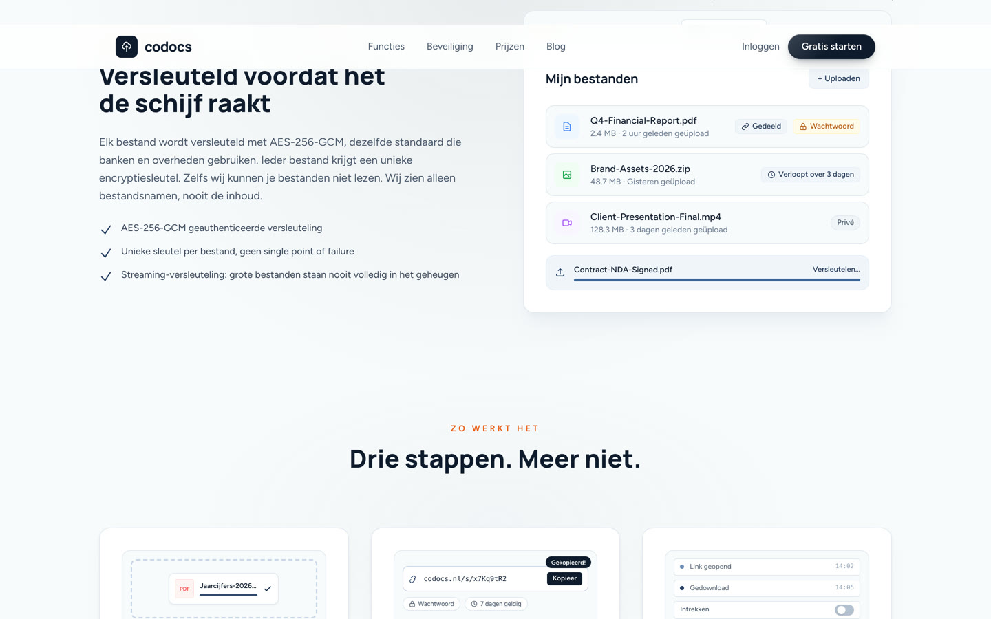 De functies van Codocs onder de kop Versleuteld voordat het de schijf raakt: zes kaarten met per functie een pictogram en twee regels uitleg.