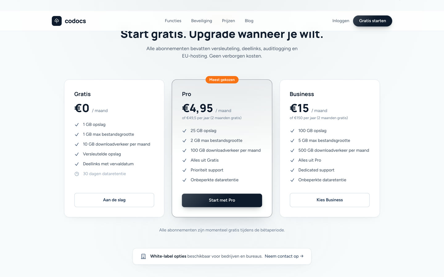 De prijzensectie van Codocs met drie abonnementen naast elkaar: Gratis, Pro en Business, met per abonnement de opslag en de maximale bestandsgrootte.