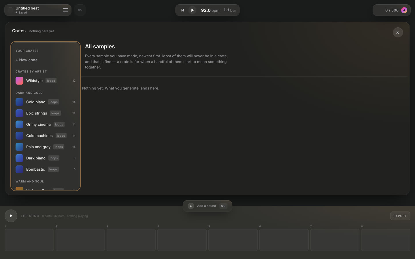 De kast van GROOVE: links de crates met All samples, een nieuwe crate en de digging grounds per schap, met per plaat de naam en het aantal samples.