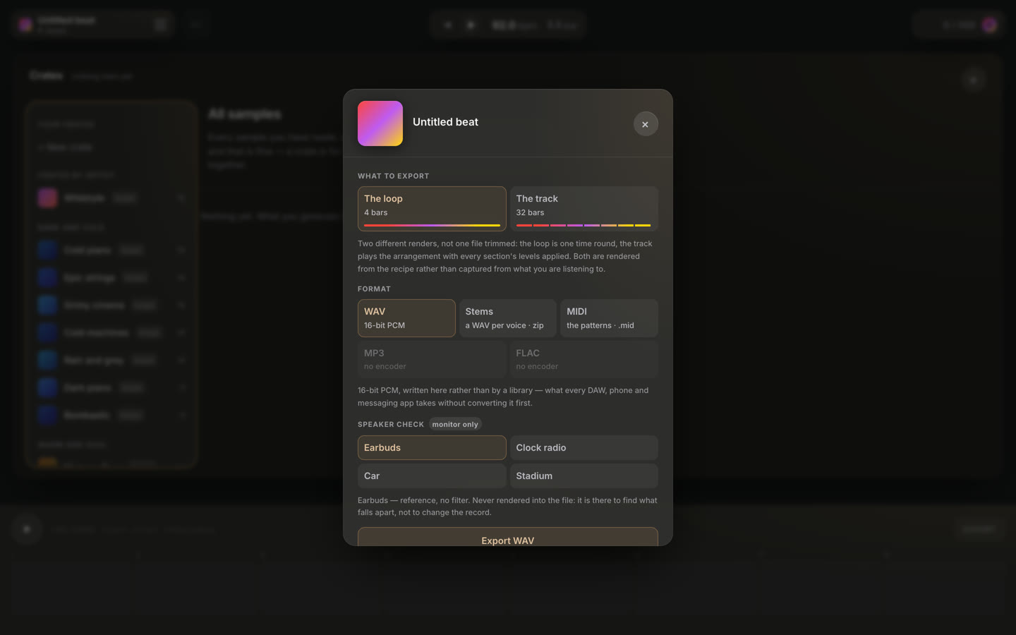 Het exportvenster van GROOVE: de keuze tussen de loop en de hele track, de formaten WAV, stems en MIDI, en de speakercheck met earbuds, autoradio, wekkerradio en stadion.
