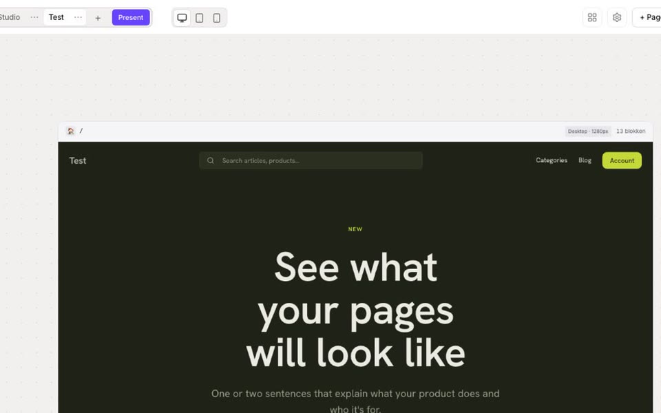 De bovenbalk van Magicpage met vier concepten als tabs en daaronder een pagina op het canvas, met de kop See what your pages will look like en het label Desktop 1280px, 13 blokken.