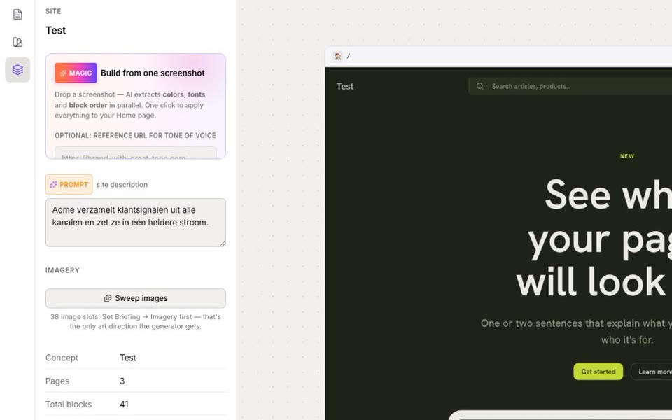 Het paneel van de werkbank van Magicpage: Build from one screenshot, een promptveld met de sitebeschrijving, de knop Sweep images met 38 beeldslots en de telling van concept, pagina's en blokken.