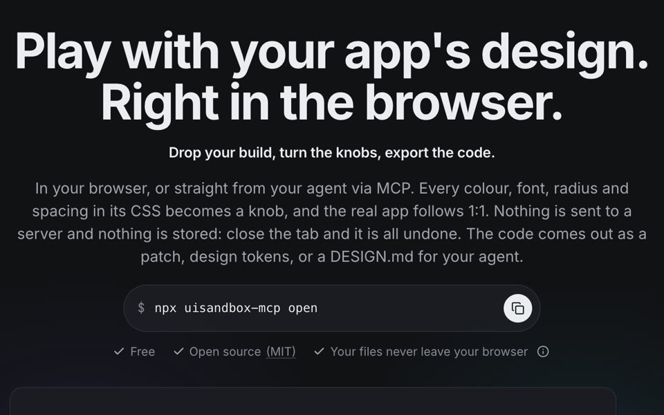De kop van uisandbox.org: Play with your app's design. Right in the browser, met eronder de uitleg en het commando npx uisandbox-mcp open in een kopieerveld.