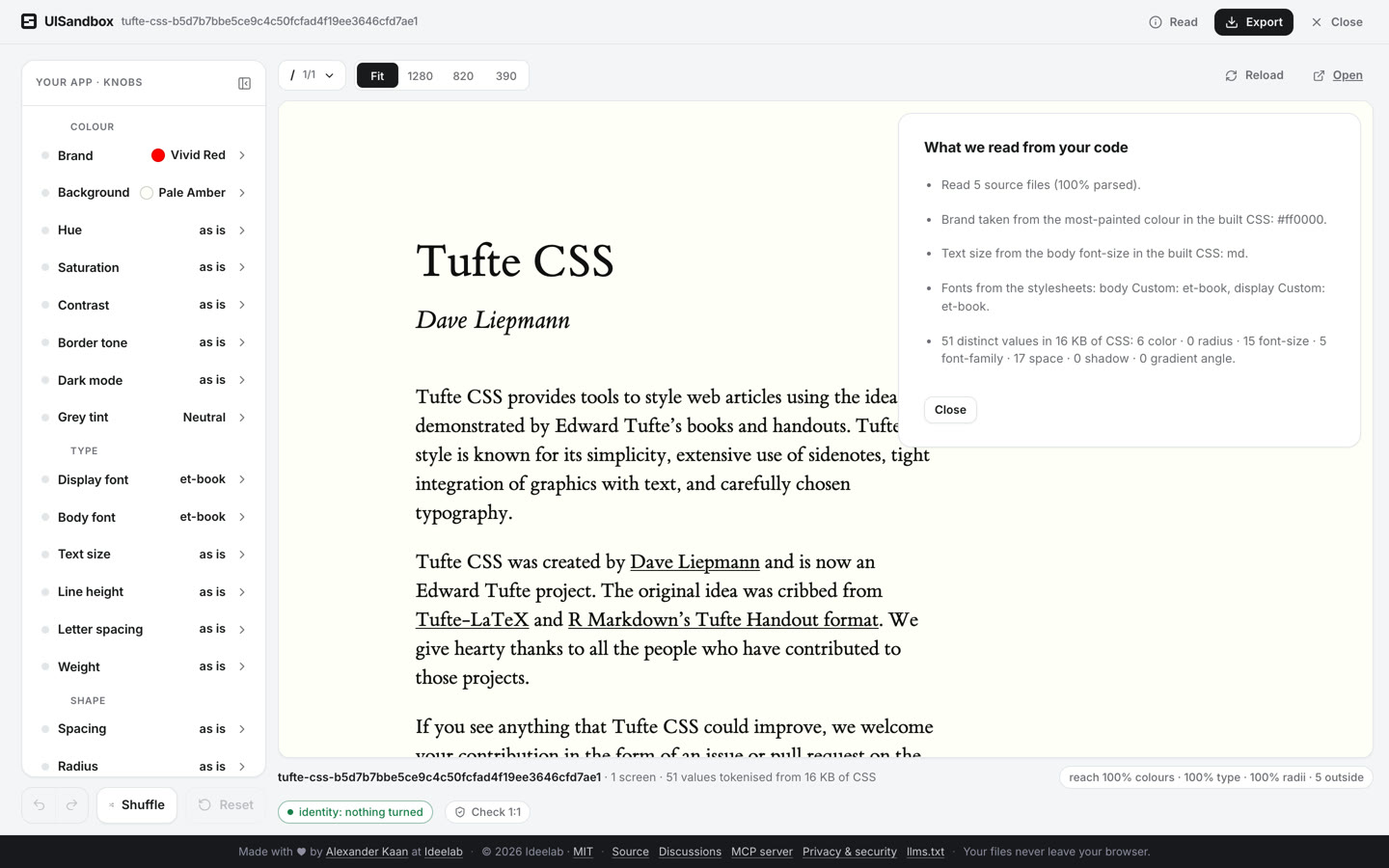 De editor van UISandbox met de repo van Tufte CSS geladen: links de knoppen voor merk, achtergrond, tint, verzadiging, contrast, letter, maat en spacing, rechts de pagina die live meebeweegt, en een paneel met wat er uit de code gelezen is.
