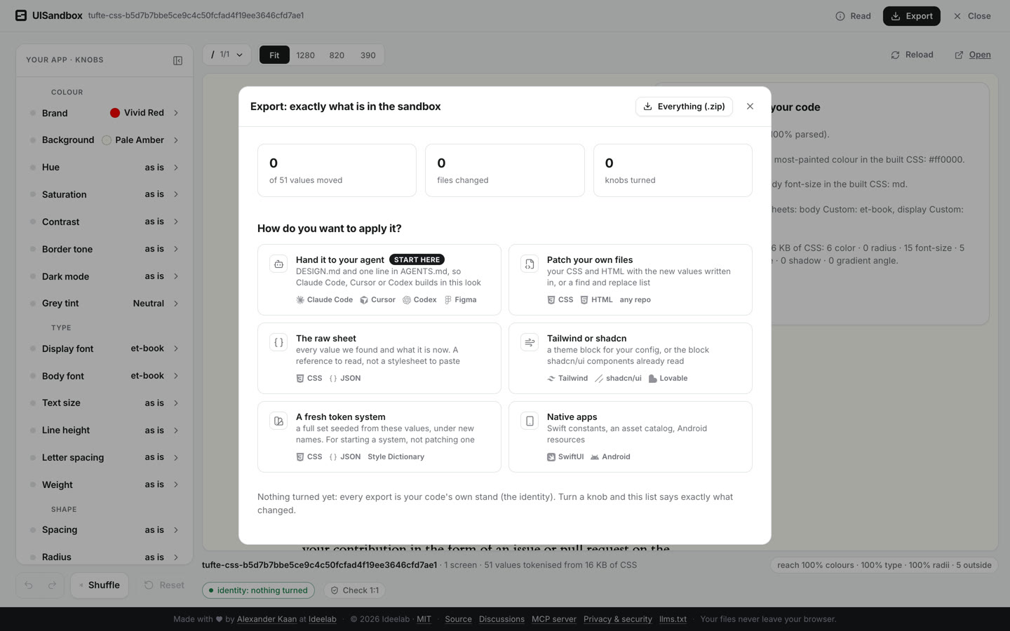 Het exportvenster van UISandbox: precies wat er in de sandbox staat, met de keuze tussen een patch voor je agent, je eigen bestanden, het ruwe blad, tokens en een verse tokenlaag.