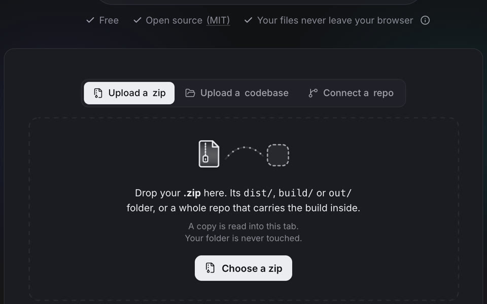 De intake van UISandbox met drie tabs, Upload a zip, Upload a codebase en Connect a repo, en een sleepvlak voor de dist-, build- of out-map.