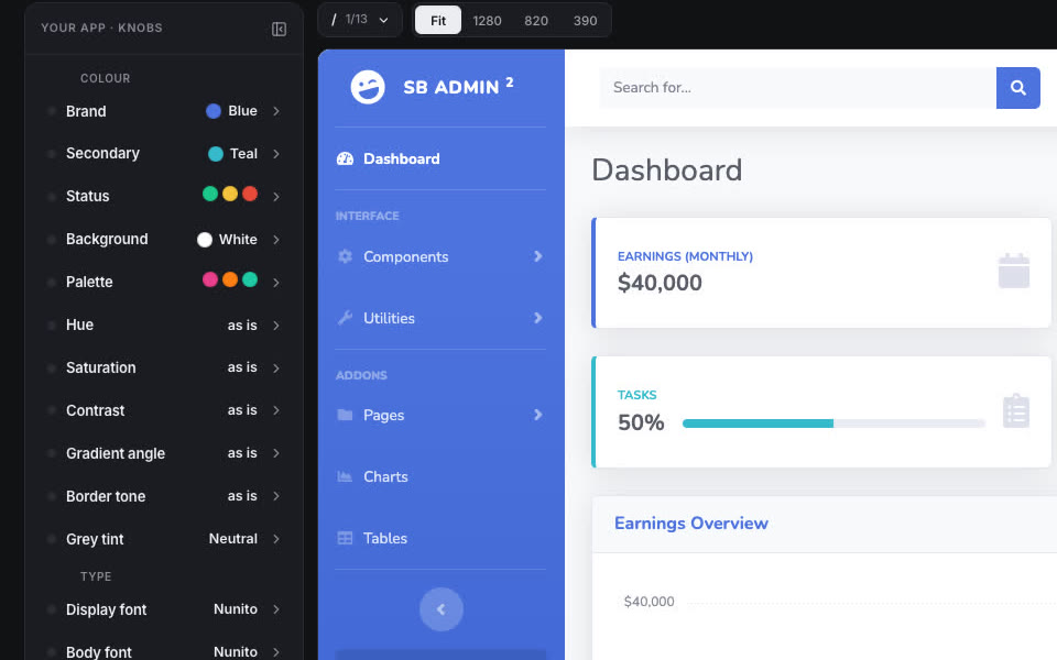 Het knoppenpaneel van UISandbox naast een geladen dashboard: kleur (brand, secondary, status, background, palette), hue, saturation, contrast en de eerste letterknoppen.