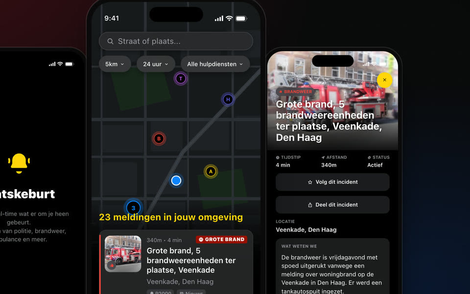De kaart van Watskeburt op een telefoon: zoekveld, filters op afstand, tijd en hulpdienst, gekleurde speldjes op een donkere kaart en de regel 23 meldingen in jouw omgeving.