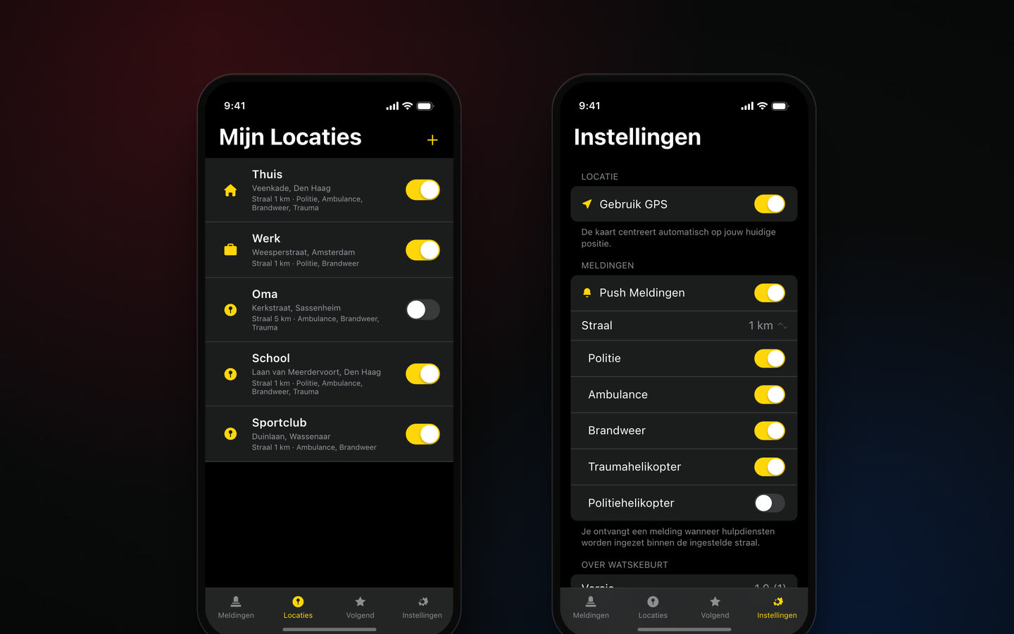 Het locatiescherm van Watskeburt met vijf opgeslagen plekken en per plek een straal, naast het instellingenscherm met een schakelaar per hulpdienst.